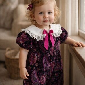 Vintage Baby Romper Floral Velvet Lace Collar Pink Bow 3-6 Months